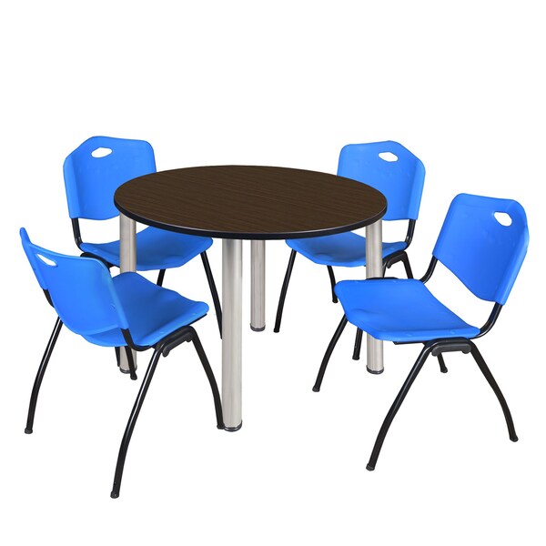 Regency Round Kee Breakroom Table W/ 4 M Stack Chairs, 48 in W, 48 in L, Neo Walnut - TB48RNDNWBPCM47BE