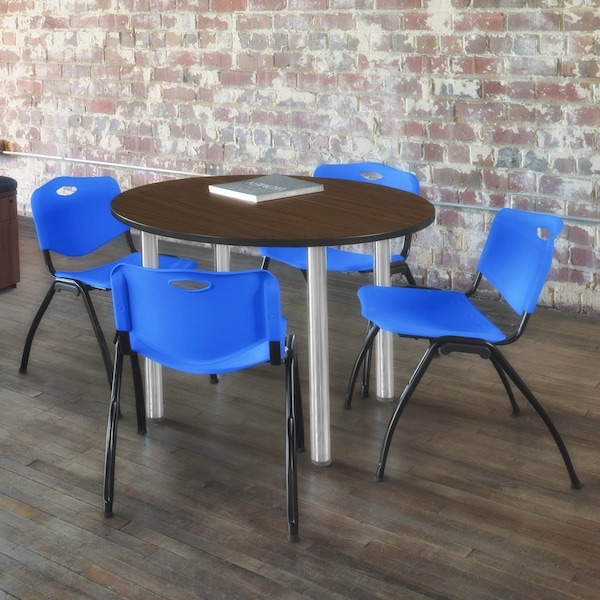 Regency Round Kee Breakroom Table W/ 4 M Stack Chairs, 48 in W, 48 in L, Neo Walnut - TB48RNDNWBPCM47BE