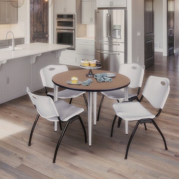 Regency Round Kahlo Breakroom Table W/ 4 M Stack Chairs, 42 in W, 42 in L, Noble Oak - TPL42RNDNOCM47GY