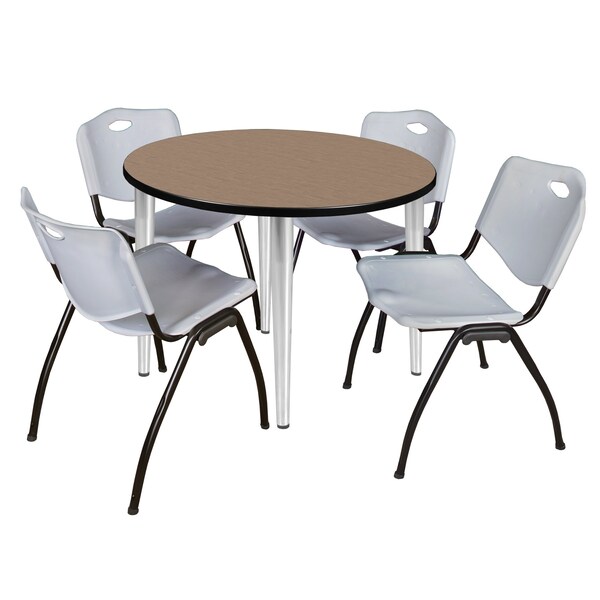 Regency Round Kahlo Breakroom Table W/ 4 M Stack Chairs, 42 in W, 42 in L, Noble Oak - TPL42RNDNOCM47GY