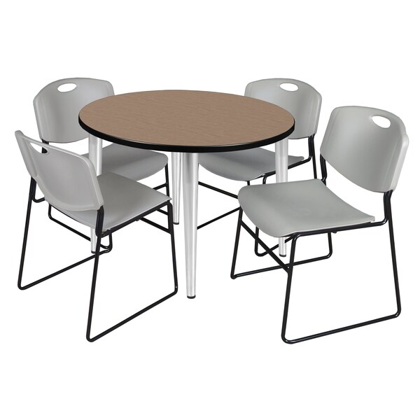 Regency Round Kahlo Breakroom Table W/ 4 Zeng Stack Chairs, 36 in W, 36 in L, Noble Oak - TPL36RNDNOCM44GY