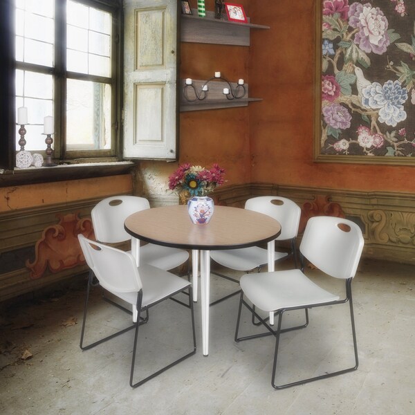 Regency Round Kahlo Breakroom Table W/ 4 Zeng Stack Chairs, 36 in W, 36 in L, Noble Oak - TPL36RNDNOCM44GY