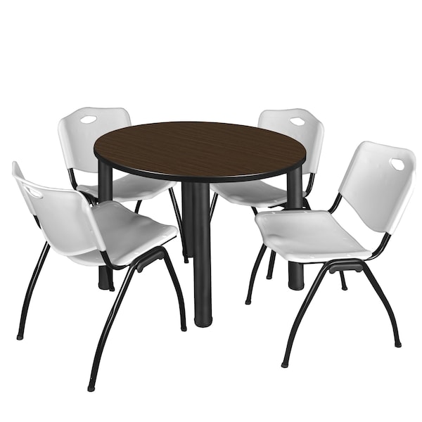 Regency Round Kee Breakroom Table W/ 4 M Stack Chairs, 36 in W, 36 in L, Neo Walnut - TB36RNDNWBPBK47GY