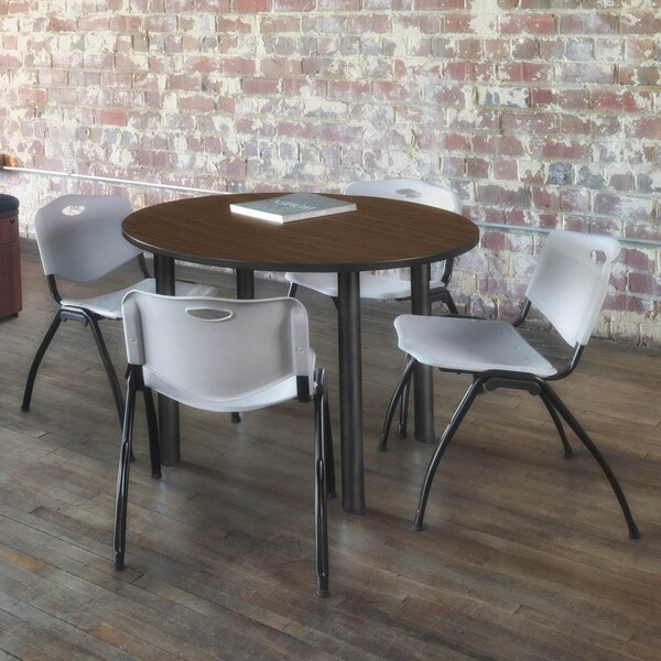 Regency Round Kee Breakroom Table W/ 4 M Stack Chairs, 36 in W, 36 in L, Neo Walnut - TB36RNDNWBPBK47GY