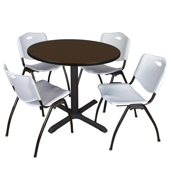 Regency Round Cain Breakroom Table W/ 4 M Stack Chairs, 42 in W, 42 in L, Neo Walnut - TB42RNDNW47GY