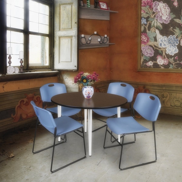 Regency Round Kahlo Breakroom Table W/ 4 Zeng Stack Chairs, 48 in W, 48 in L, Neo Walnut - TPL48RNDNWCM44BE