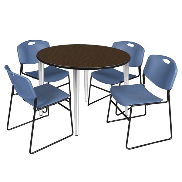 Regency Round Kahlo Breakroom Table W/ 4 Zeng Stack Chairs, 48 in W, 48 in L, Neo Walnut - TPL48RNDNWCM44BE