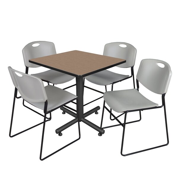 Regency Square Kobe Breakroom Table W/ 4 Zeng Stack Chairs, 30 in W, 30 in L, Noble Oak - TKB3030NO44GY