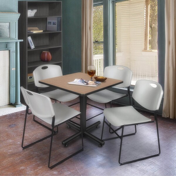 Regency Square Kobe Breakroom Table W/ 4 Zeng Stack Chairs, 30 in W, 30 in L, Noble Oak - TKB3030NO44GY