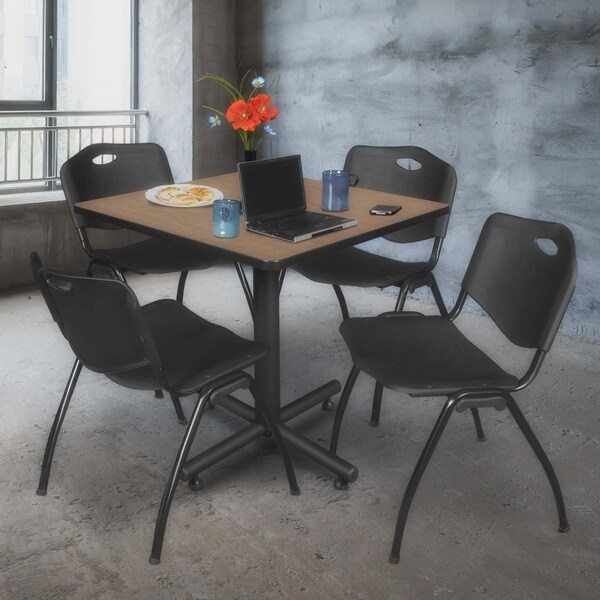 Regency Square Kobe Breakroom Table W/ 4 M Stack Chairs, 42 in W, 42 in L, Noble Oak - TKB4242NO47BK