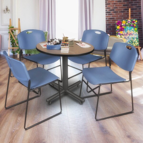 Regency Round Kobe Breakroom Table W/ 4 Zeng Stack Chairs, 30 in W, 30 in L, Noble Oak - TKB30RNDNO44BE
