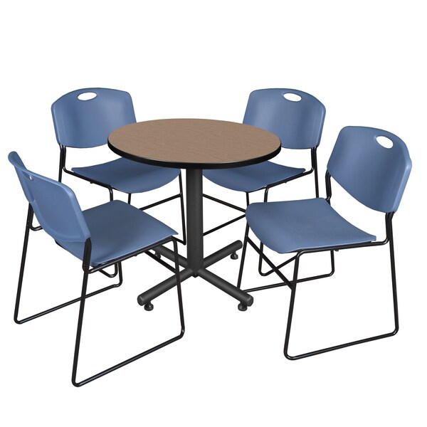 Regency Round Kobe Breakroom Table W/ 4 Zeng Stack Chairs, 30 in W, 30 in L, Noble Oak - TKB30RNDNO44BE