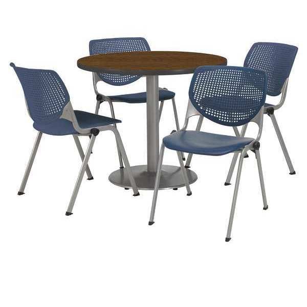 Kfi Round KFI Round 36" Dia. Pedestal Table with 4 Navy KOOL Series Stack Chairs, Walnut Laminate Top - T36RD-B1922SL-WL-2300-P03