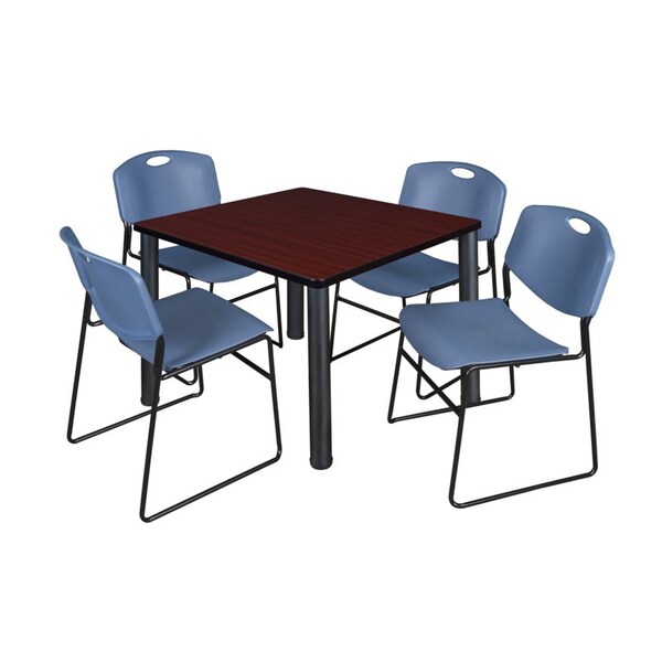 Kee/Zeng Square Mahogy. Table/4 Blue Chairs, Square, 42", 42" W, 29" H, Mahogany - TB4242MHBPBK44BE