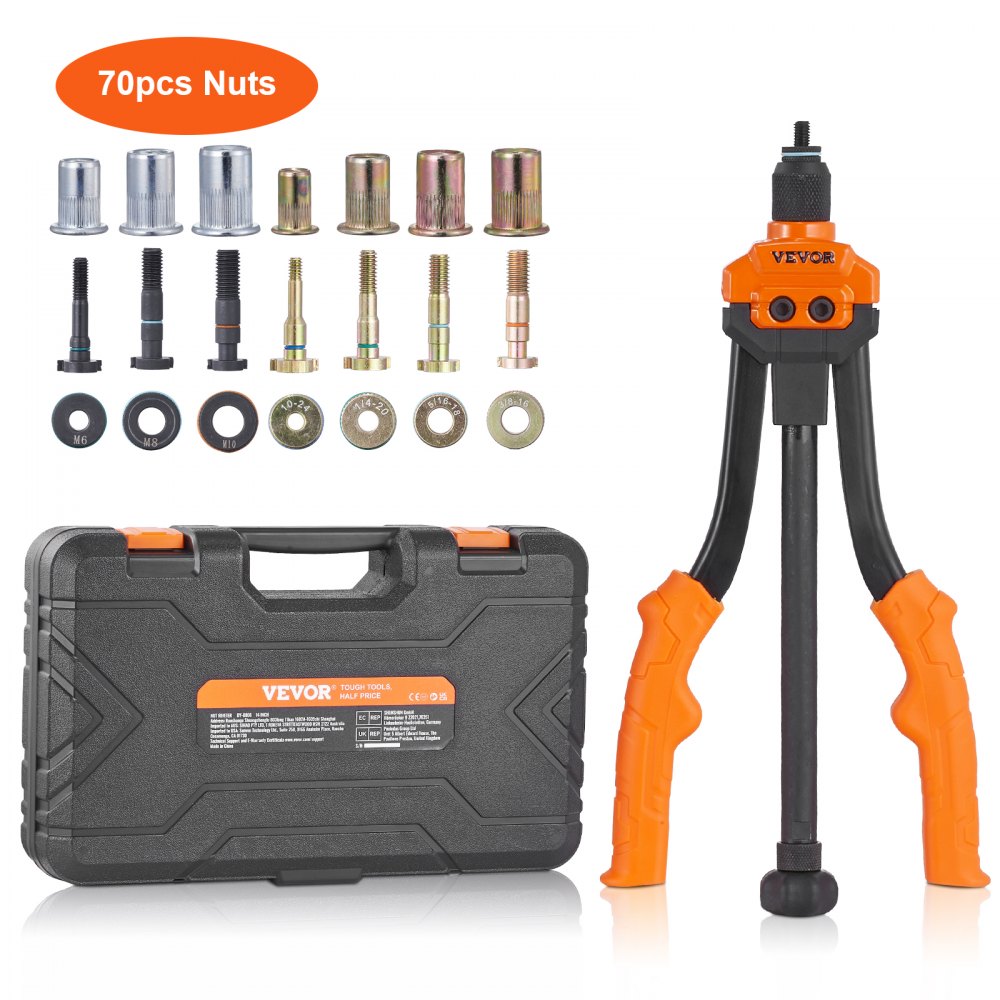VEVOR Rivet Nut Tool, 14” Rivnut Tool Kit with 7 PCS Metric and SAE Mandrels, 70 PCS Assorted Rivet Nuts, 10-24, 1/4-20, M6, 5/16-18, M8, 3/8-16, M10, Rivet Nut Kit With Rugged Carrying Case - MLMQCLTDSBS1VMMCWV0