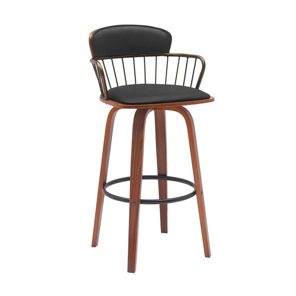 Armen Living Willow 25.5in Swivel Walnut Wood Counter Stool in Black Faux Leather with Golden Bronze Metal - LCWIBAWABLK26