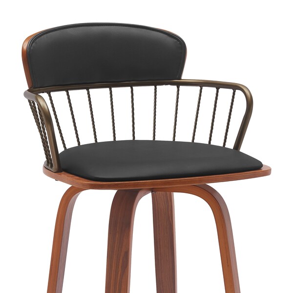 Armen Living Willow 25.5in Swivel Walnut Wood Counter Stool in Black Faux Leather with Golden Bronze Metal - LCWIBAWABLK26