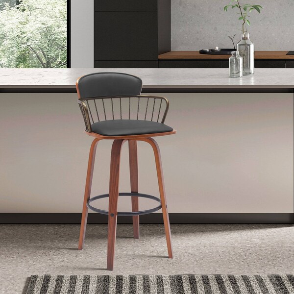 Armen Living Willow 25.5in Swivel Walnut Wood Counter Stool in Black Faux Leather with Golden Bronze Metal - LCWIBAWABLK26