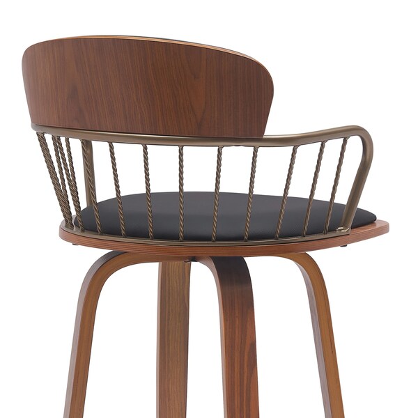Armen Living Willow 25.5in Swivel Walnut Wood Counter Stool in Black Faux Leather with Golden Bronze Metal - LCWIBAWABLK26
