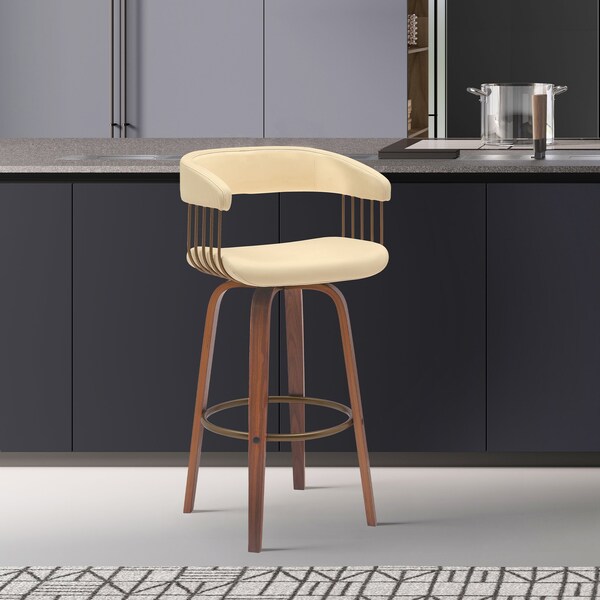 Armen Living Topanga 26in Swivel Walnut Wood Counter Stool in Cream Faux Leather with Golden Bronze Metal - LCTOBAWACR26
