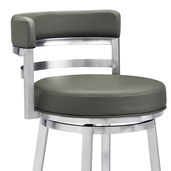 Armen Living Titana 26" Counter Height Swivel Gray Faux Leather and Brushed Stainless Steel Bar Stool - 840254335073
