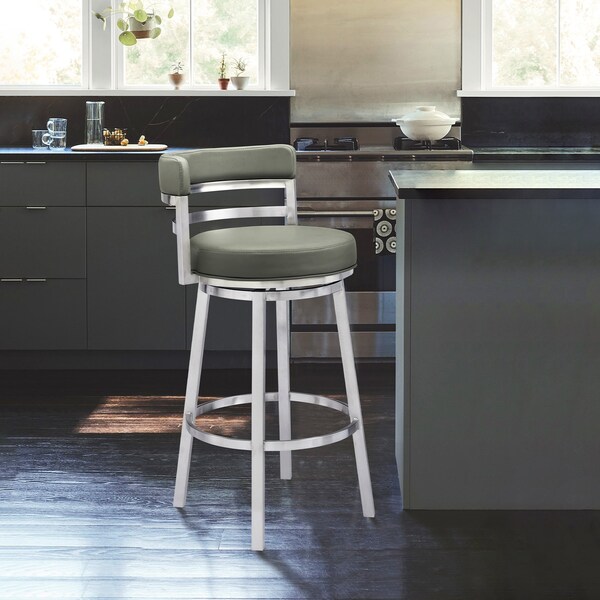 Armen Living Titana 26" Counter Height Swivel Gray Faux Leather and Brushed Stainless Steel Bar Stool - 840254335073