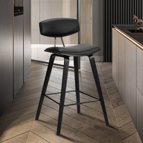 Armen Living Fox 25.5" Counter Height Black Faux Leather and Black Wood Mid-Century Modern Bar Stool - LCFOBABLBL26