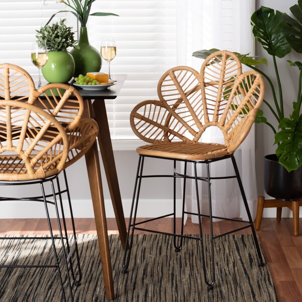 Baxton Studio Garan Modern Bohemian Natural Brown Rattan and Black Metal Counter Stool - 212-12810-ZORO