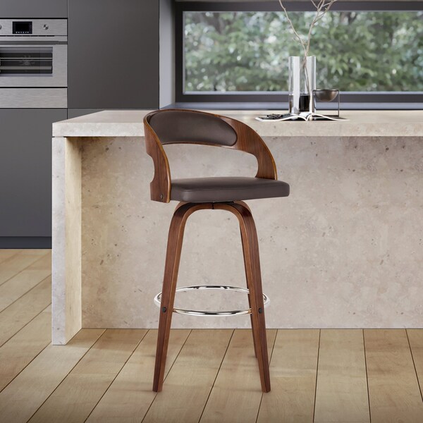 Armen Living Shelly 26" Counter Height Swivel Brown Faux Leather and Walnut Wood Bar Stool - LCSHBABRWA26