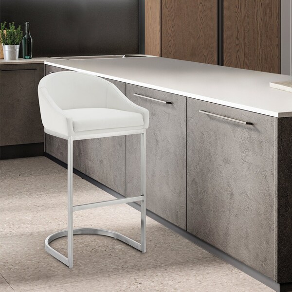 Armen Living Atherik Counter Stool in Brushed Stainless Steel with White Faux Leather - 840254335844