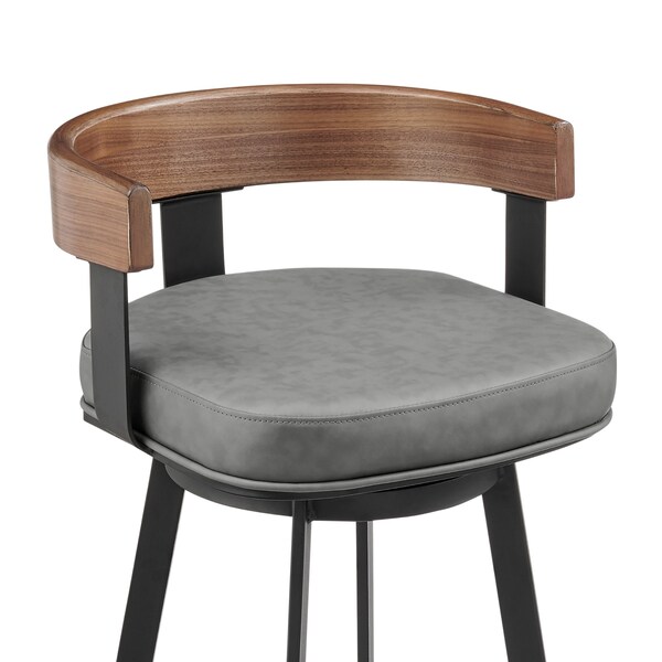Armen Living Idris 26in Swivel Counter Stool in Black Iron with Walnut Finish and Vintage Gray Faux Leather - LCIDBAGRYWA26