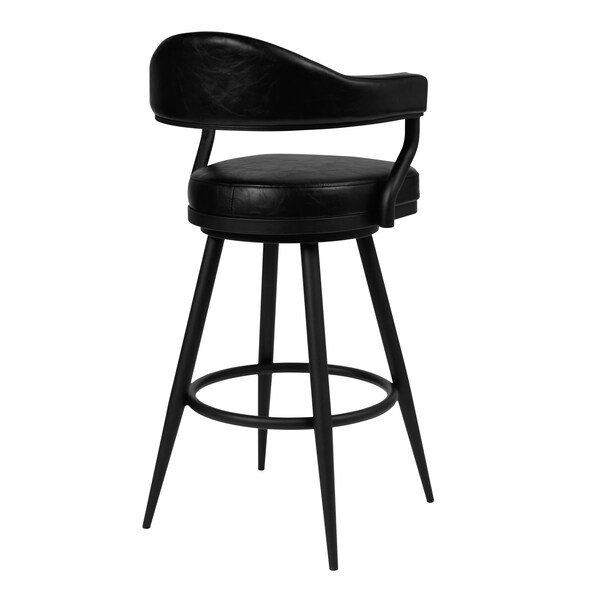 Armen Living Justin 26" Counter Height Swivel Vintage Black Faux Leather Bar Stool with Black Metal Legs - LCJTBABLVB26