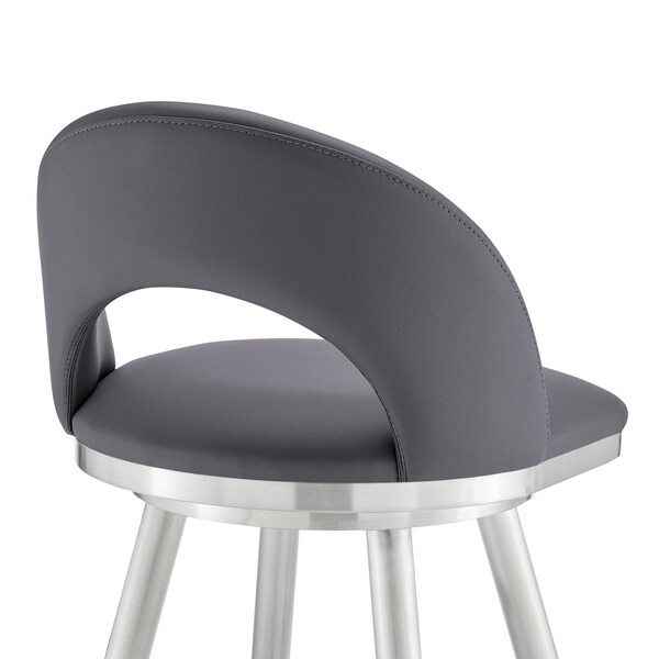 Armen Living Lottech Swivel Counter Stool in Brushed Stainless Steel and Gray Faux Leather - 840254335363