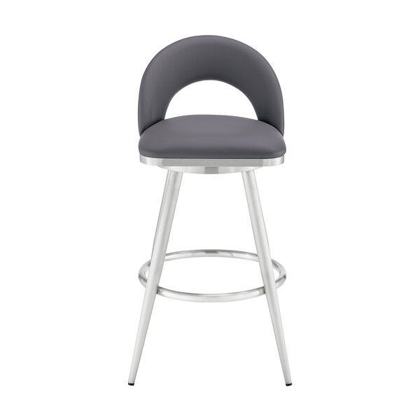 Armen Living Lottech Swivel Counter Stool in Brushed Stainless Steel and Gray Faux Leather - 840254335363