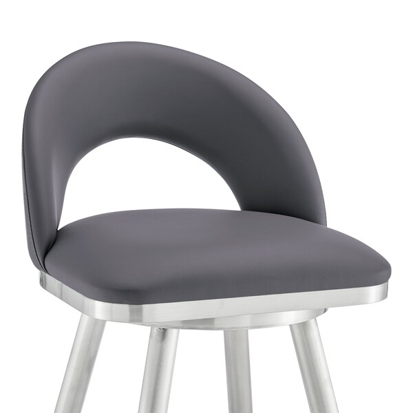 Armen Living Lottech Swivel Counter Stool in Brushed Stainless Steel and Gray Faux Leather - 840254335363