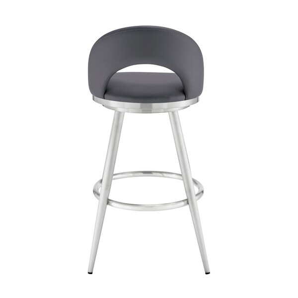 Armen Living Lottech Swivel Counter Stool in Brushed Stainless Steel and Gray Faux Leather - 840254335363