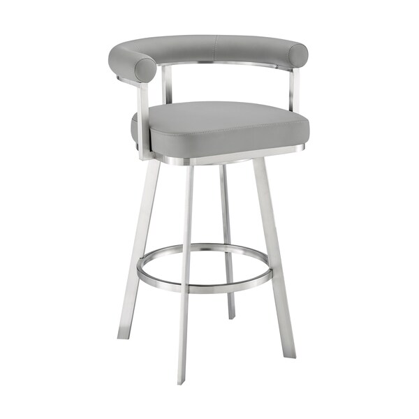 Armen Living Nolagam Swivel Counter Stool in Brushed Stainless Steel with Light Gray Faux Leather - 840254335615