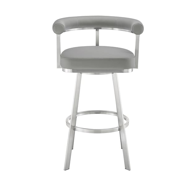 Armen Living Nolagam Swivel Counter Stool in Brushed Stainless Steel with Light Gray Faux Leather - 840254335615