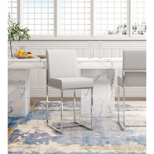 Manhattan Comfort Element 24" Faux Leather Counter Stool in Pearl White and Polished Chrome - CS003-PW