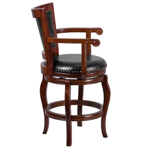 Flash Furniture Stool, Cherry Wood w/Blk Leather Seat, 26", Caster Type: Glides - TA-2125-24-CHY-GG