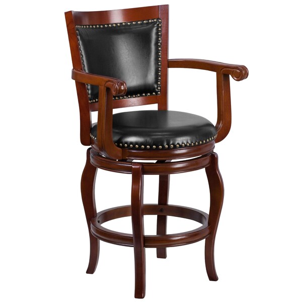 Flash Furniture Stool, Cherry Wood w/Blk Leather Seat, 26", Caster Type: Glides - TA-2125-24-CHY-GG