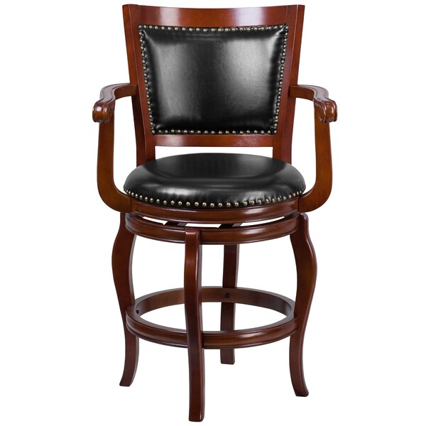Flash Furniture Stool, Cherry Wood w/Blk Leather Seat, 26", Caster Type: Glides - TA-2125-24-CHY-GG