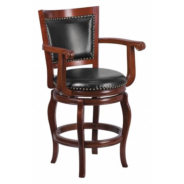 Flash Furniture Stool, Cherry Wood w/Blk Leather Seat, 26", Caster Type: Glides - TA-2125-24-CHY-GG