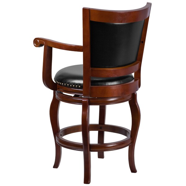 Flash Furniture Stool, Cherry Wood w/Blk Leather Seat, 26", Caster Type: Glides - TA-2125-24-CHY-GG