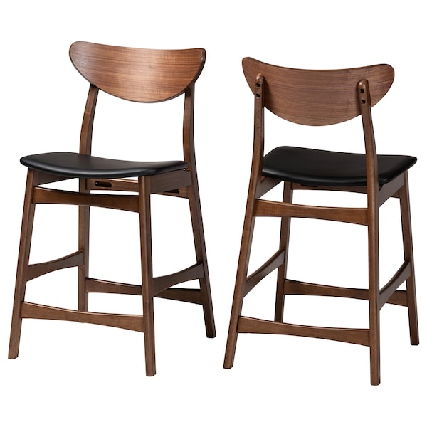 Baxton Studio Latina Black Upholstered Walnut Finishing 24in Counter Stool, PR - 123-6800