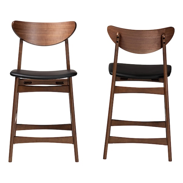 Baxton Studio Latina Black Upholstered Walnut Finishing 24in Counter Stool, PR - 123-6800