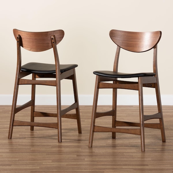 Baxton Studio Latina Black Upholstered Walnut Finishing 24in Counter Stool, PR - 123-6800
