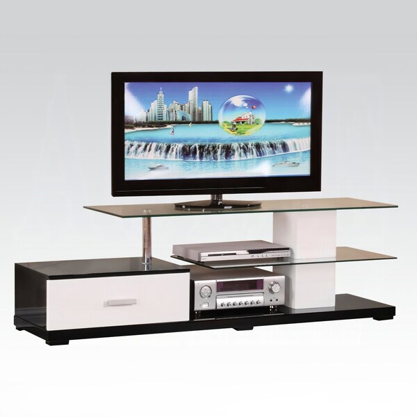 Acme Rectangular Glass Top 1-Drawer TV Stand in White and Black - ER-0218BW