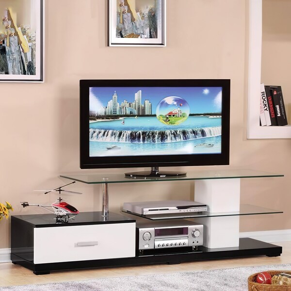 Acme Rectangular Glass Top 1-Drawer TV Stand in White and Black - ER-0218BW