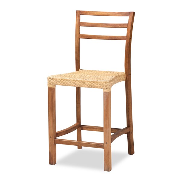 Baxton Studio Arthur MidCentury Modern Walnut Brown Mahogany Wood and Natural Rattan Counter Stool - 212-12811-ZORO